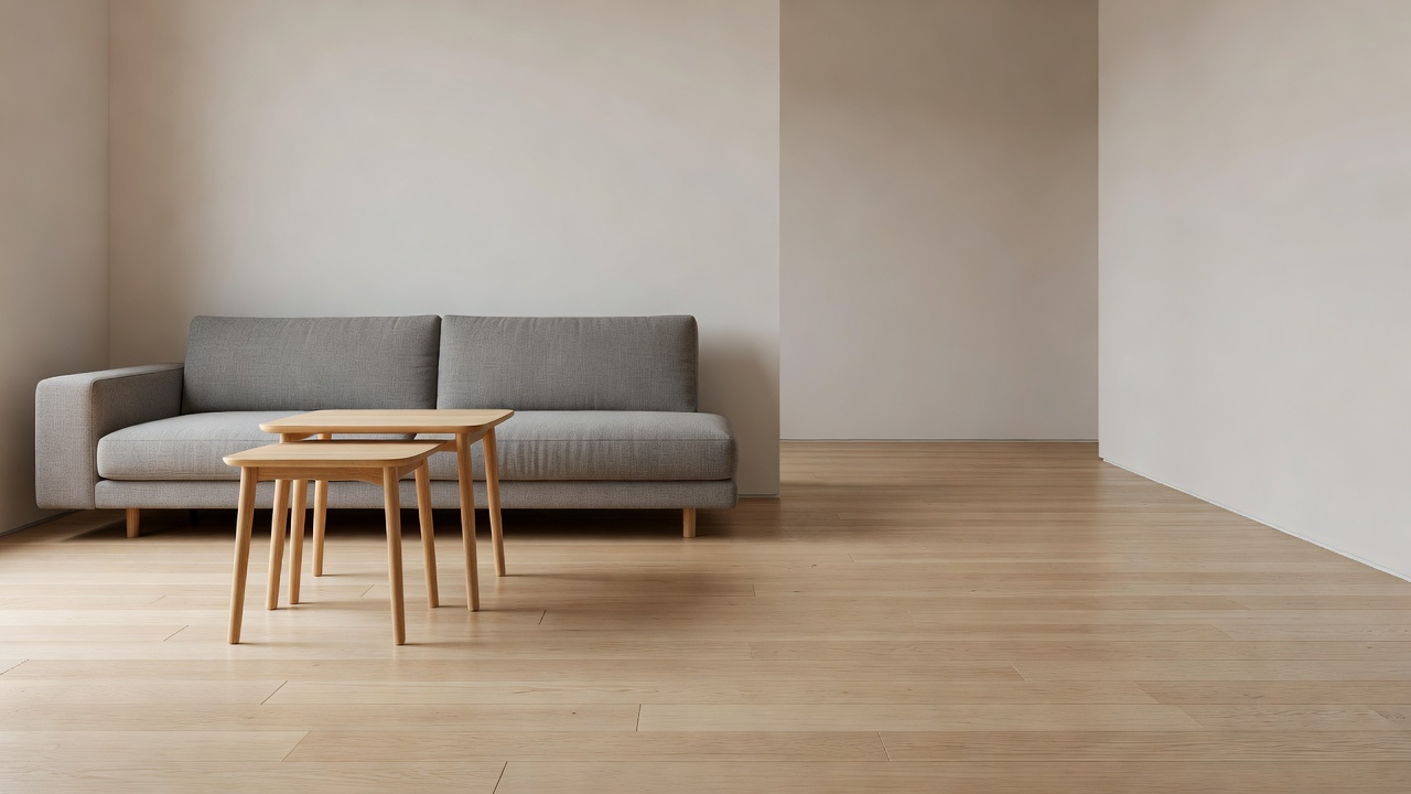 Compact living room with low-profile sofa, nesting table and clear walking route