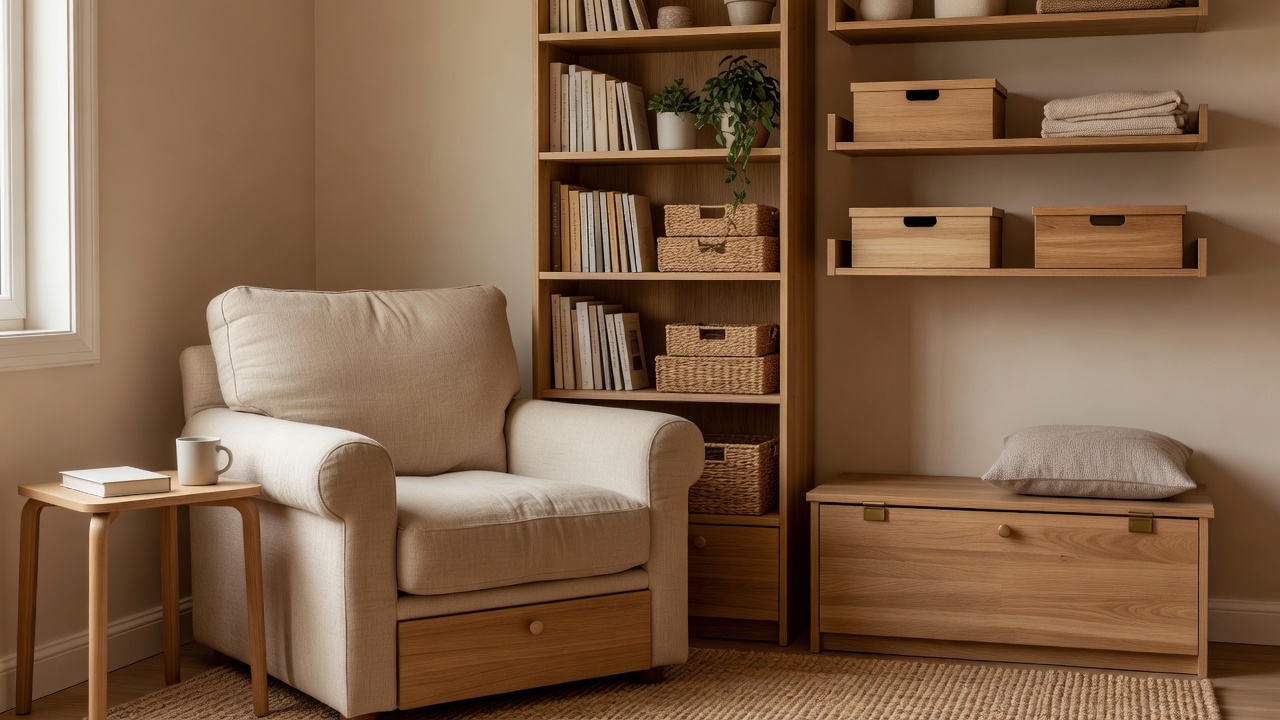 A compact reading nook arranged with useful storage and a comfortable chair
