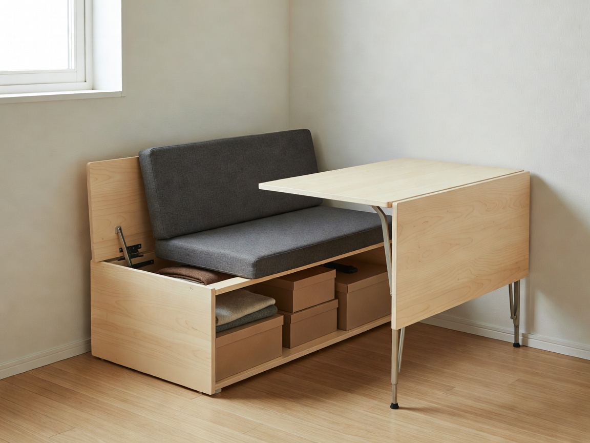 Compact storage bench serving as seating in a small living space