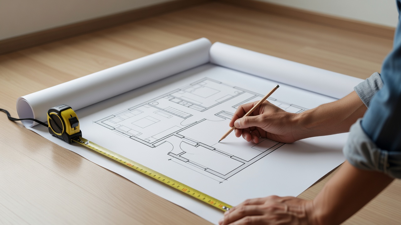 Tape measure and floor plan used to check a small room layout
