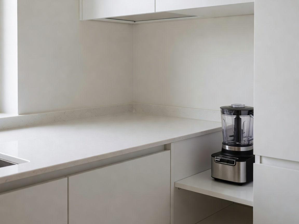 Compact kitchen worktop arranged with clear prep space and neatly stored tools