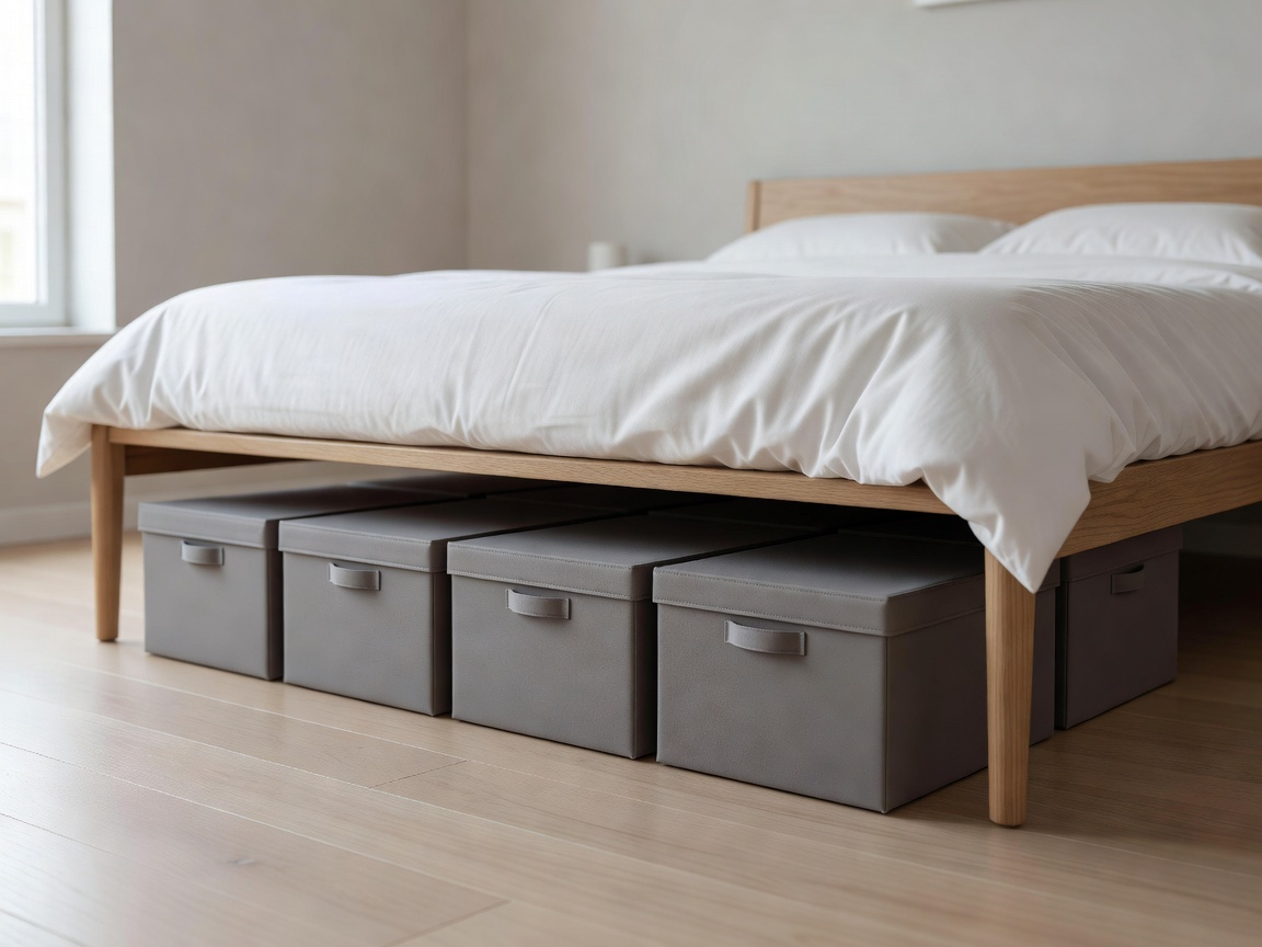 Low-profile under-bed boxes arranged to keep stored items accessible